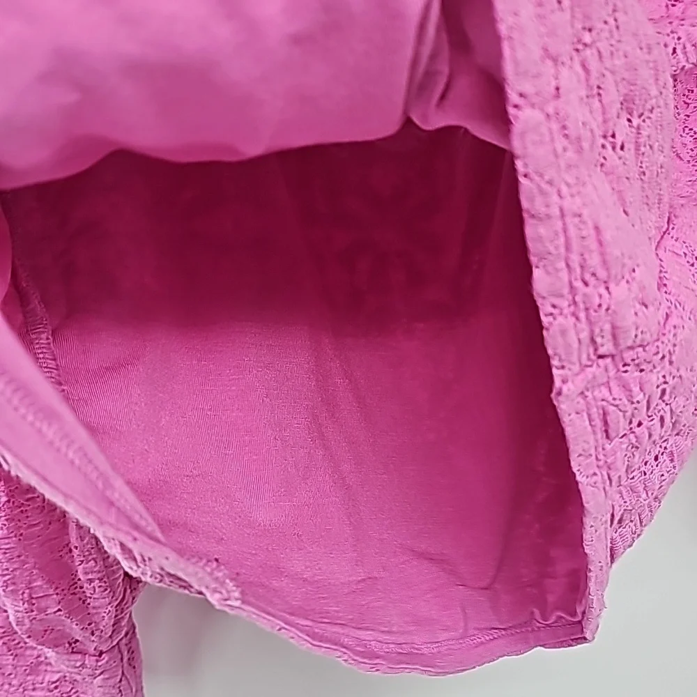 Free People Tea‎ Time Top Barbie Pink Lacey Puffed Sleeve Open Back Top